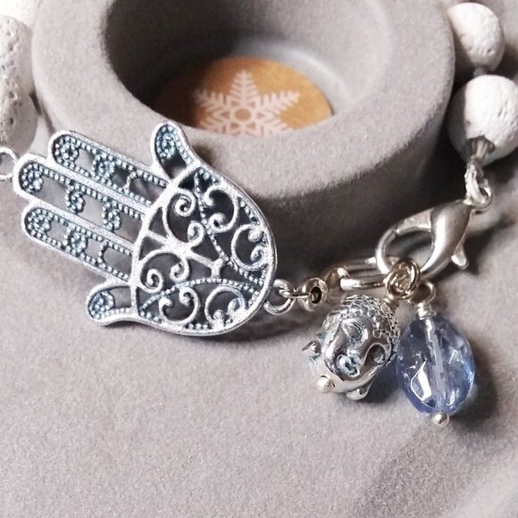 White Lava Bead Bracelet | Hamsa Hand & Buddha Charms | Blessings & Protection - Picture 2 of 10